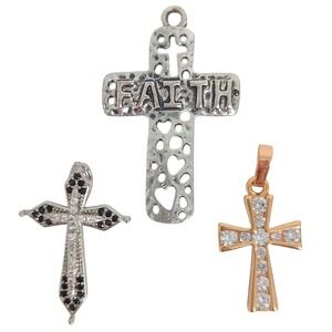 Christian Cross Rhinestone Black Silver Gold Pendants for‎ Necklaces (Set of 3)